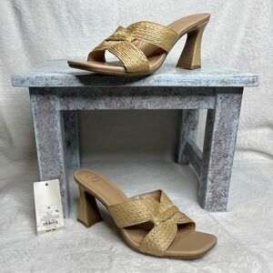 A New Day Woven Slide Sandals Tan Square Toe Block Heel Women's 8.5